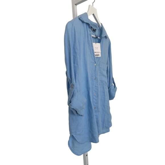 Zara Light Blue 100% Linen Button-Up Shirt With Roll Tab Sleeves & Front Pocket - Picture 3 of 5